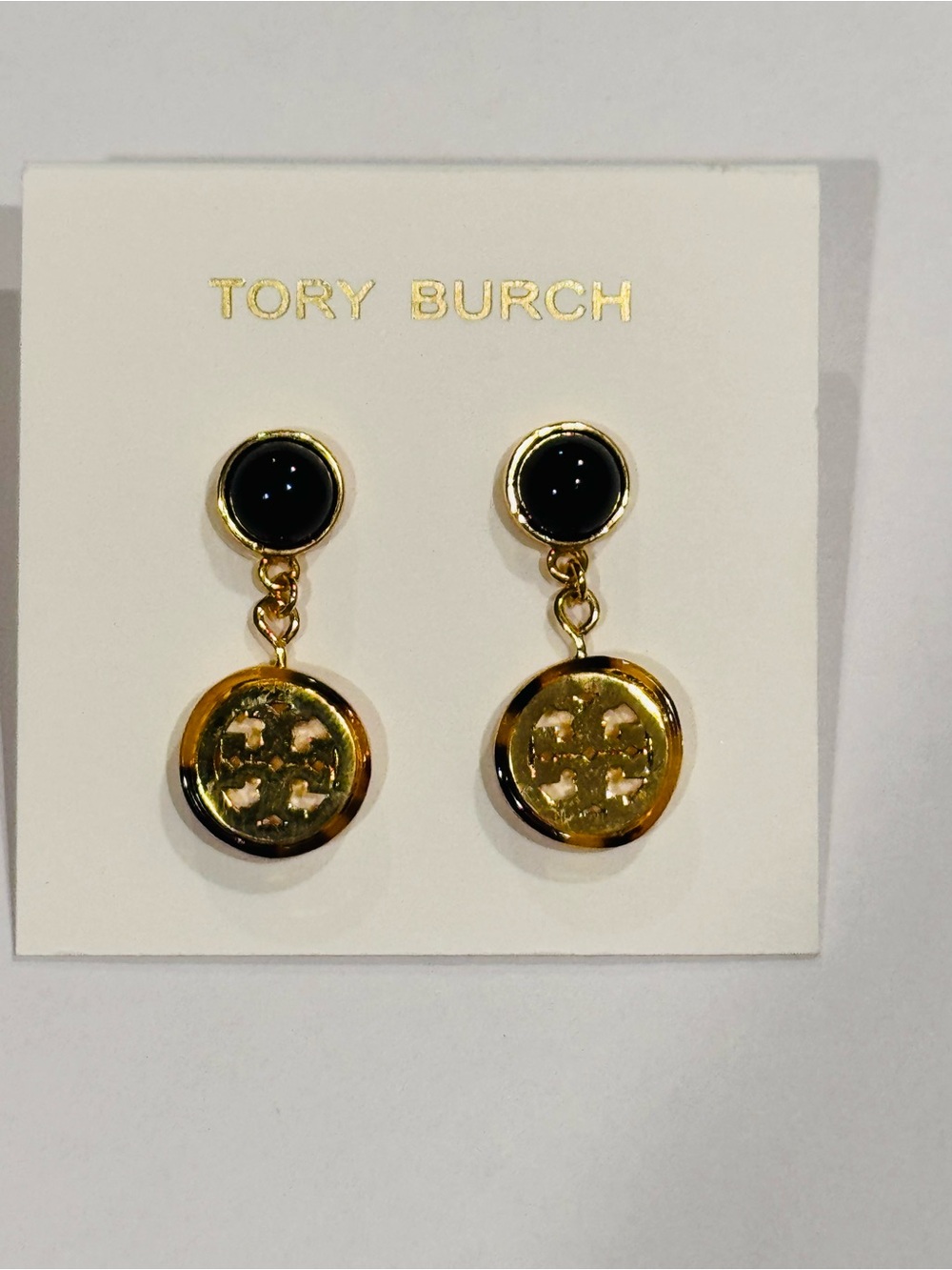 NWT Tory Burch Tortoiseshell Black Gem Double T Logo Drop Earrings